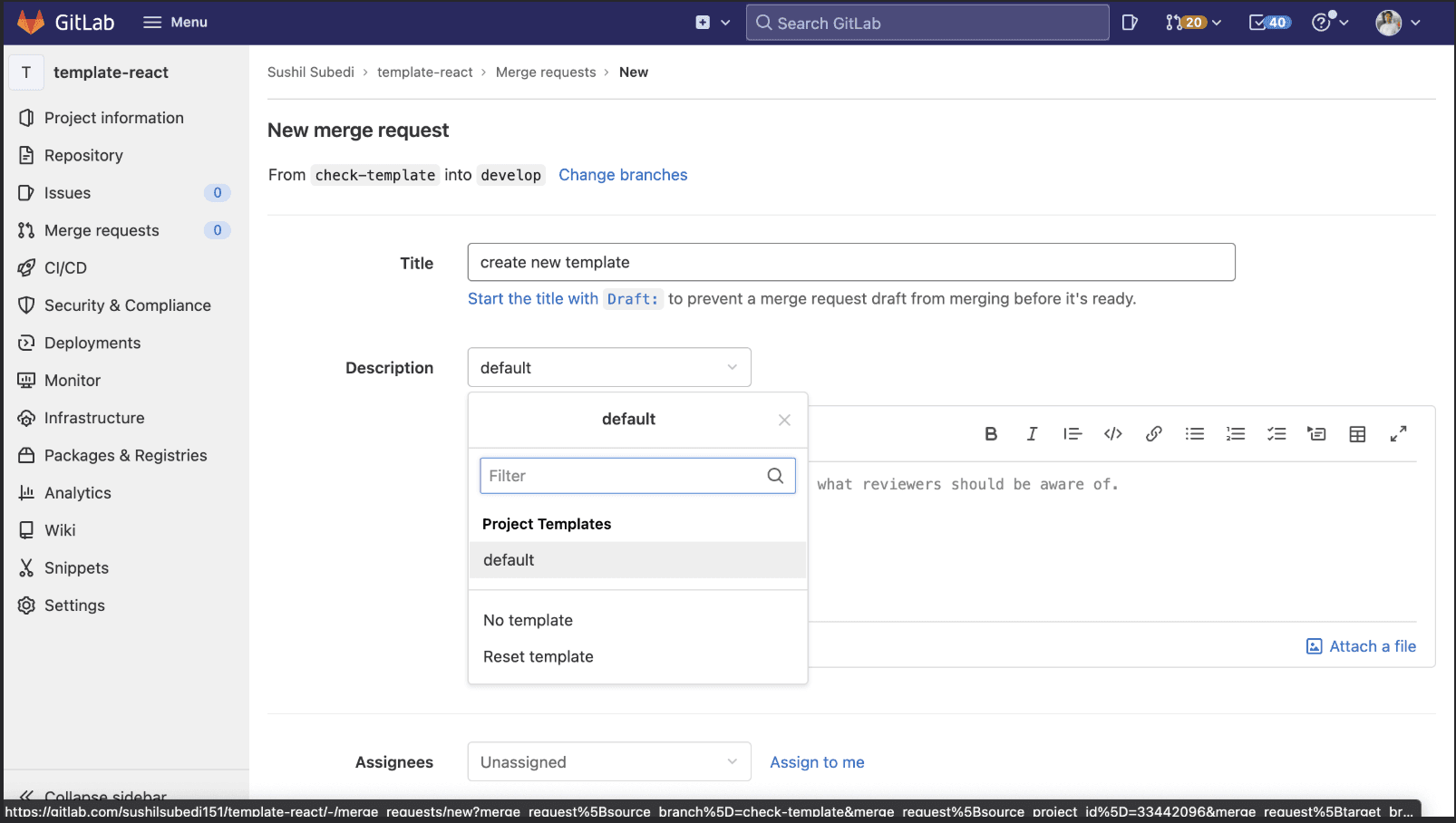 GitLab merge request showing template selection